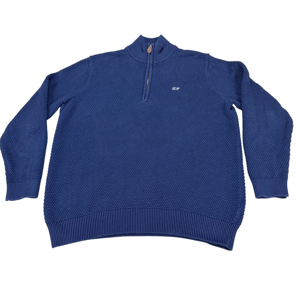 Vineyard‎ Vines Mens Medium Blue Cotton Waffle Knit Quarter Zip Pullover Sweater